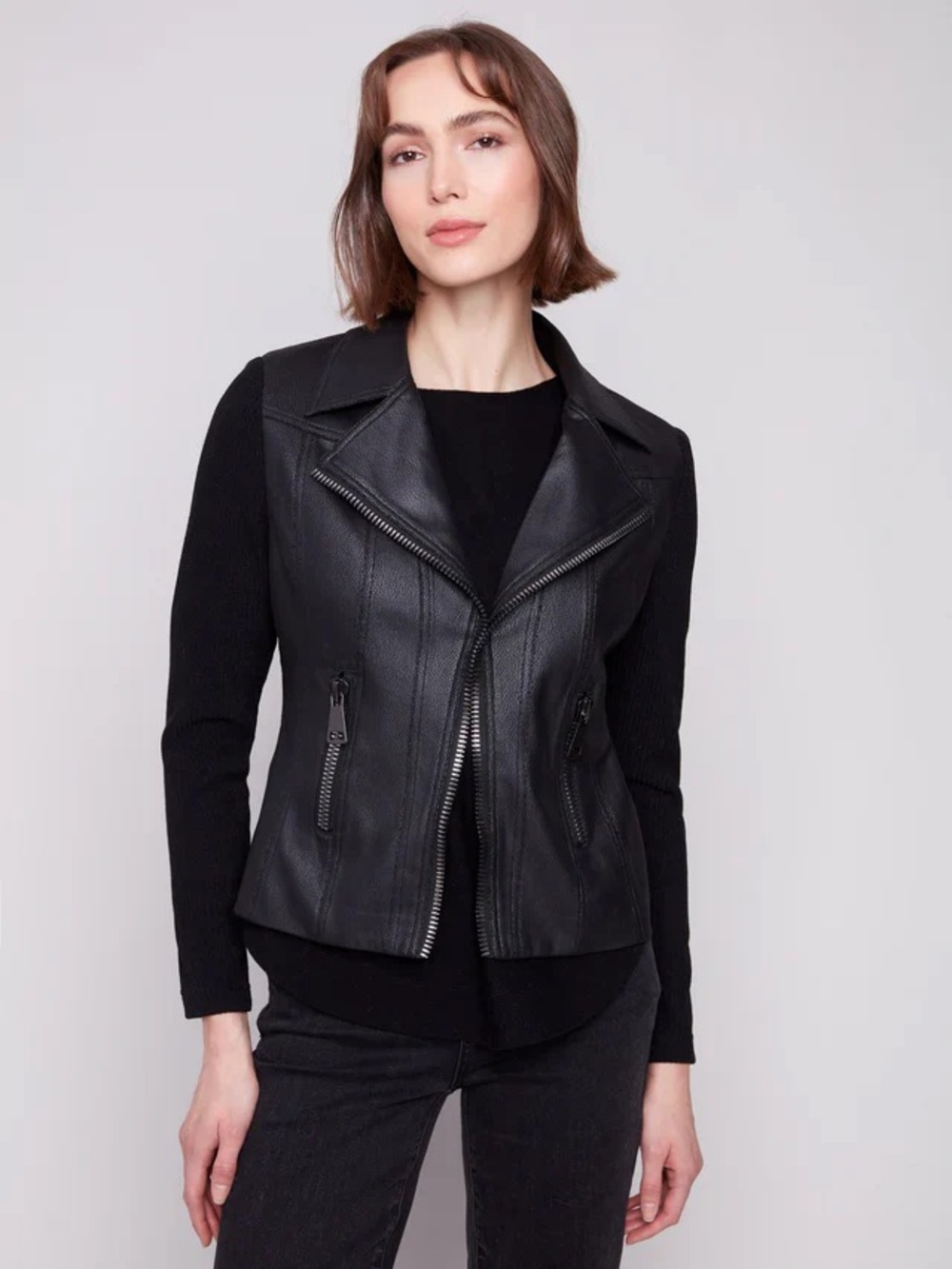 New Charlie B Womens Black Leather front knit arms and back Moto Jacket large